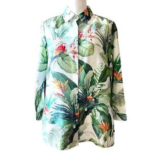iLinen Lifestyle Parrot Tropical Linen Button Up Maxi Blouse Pockets White Sz L